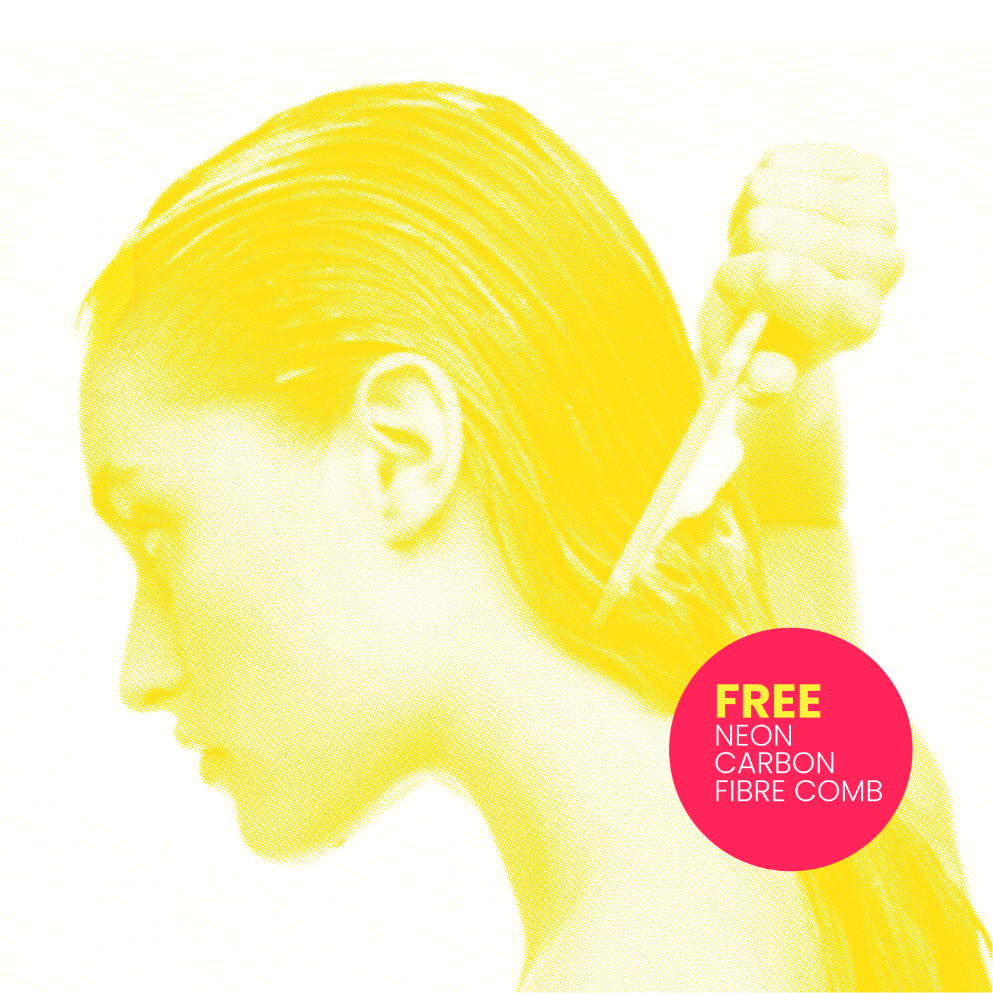 Model holding Neon Duotone Miracle Hair Treatment and neon yellow comb